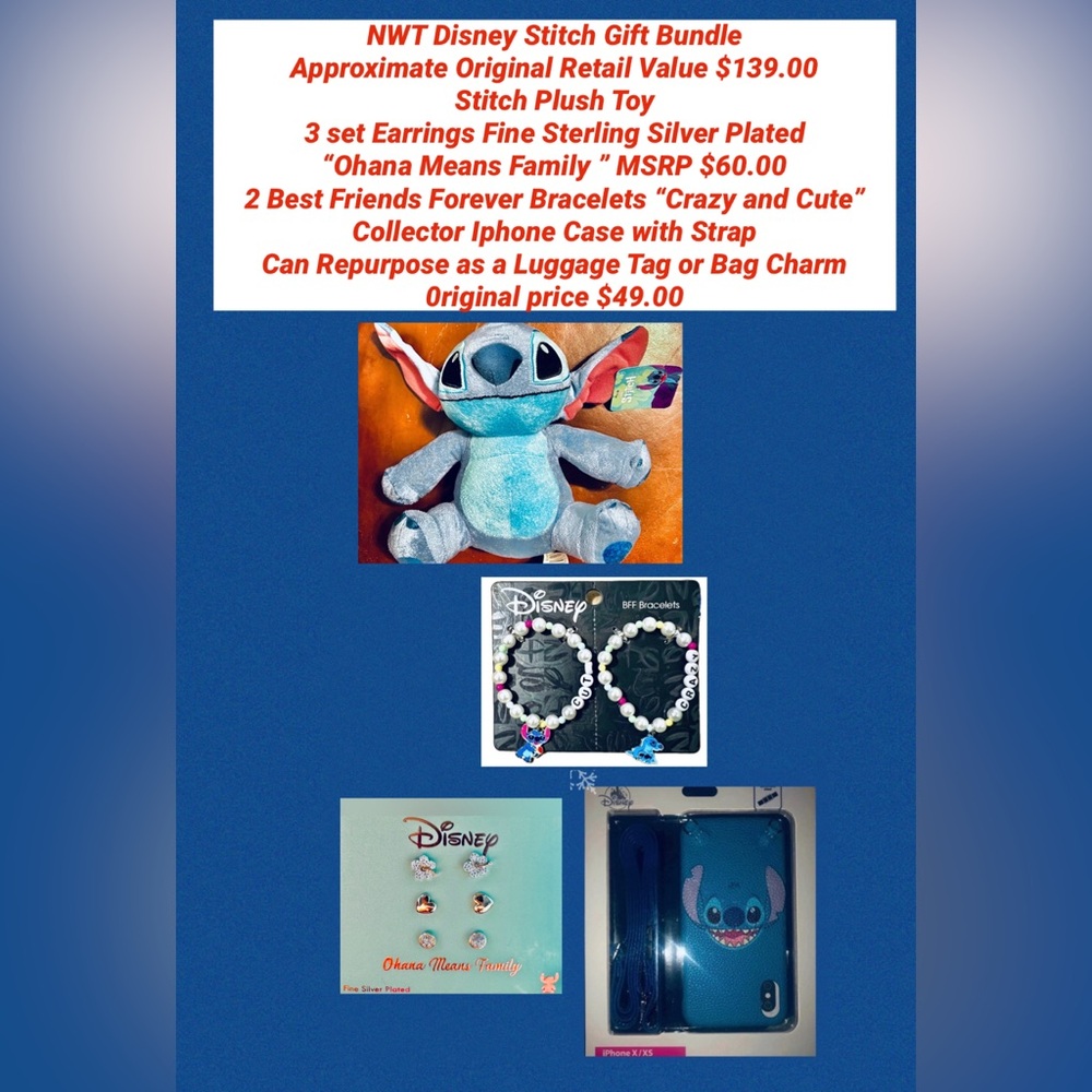 Disney Stitch Bundle Plush, Earrings, BFF Bracelets, & Iphone Case Authentic NWT